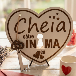 Cheia către Inima Mea din Lemn – Cadou Romantic Inimă cu Cheiță Gravată Laser