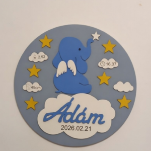 Placă Rotundă Personalizată pentru Naștere/Botez cu Elefant Înger și Stele – Cadou Bebeluș cu Date Naștere