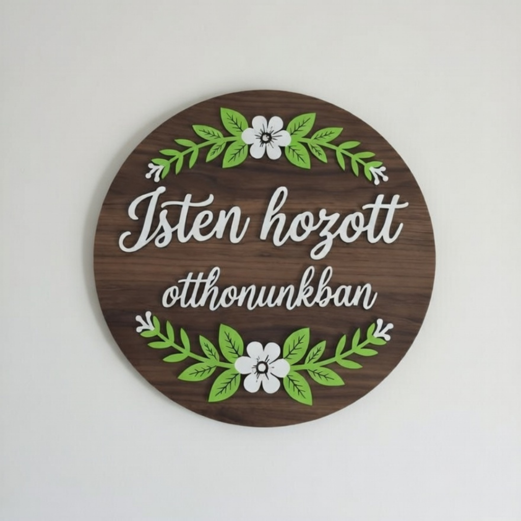 Placă Decorativă Rotundă din Lemn "Isten Hozott Otthonunkban" cu Coroană Florală
