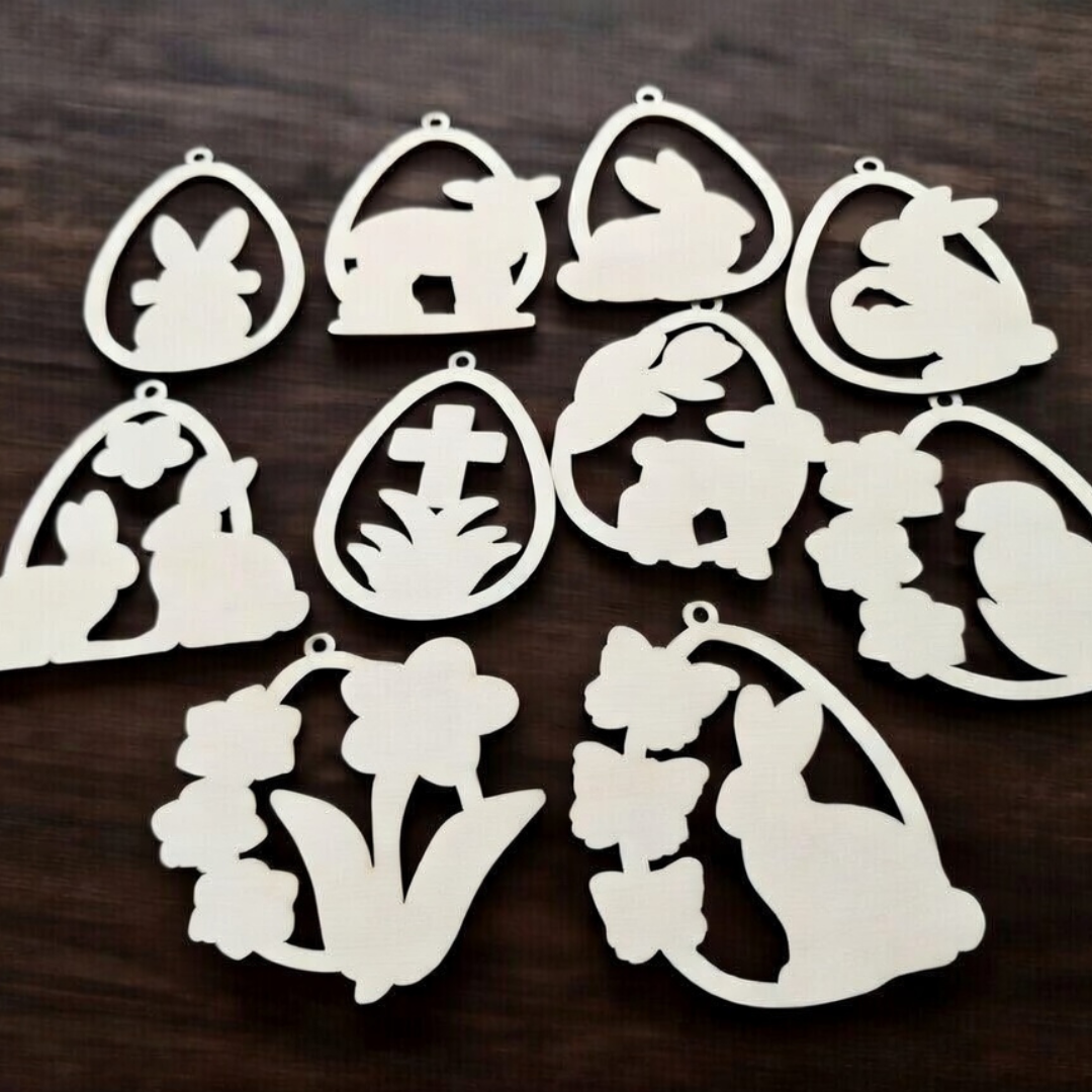Set 10 Ornamente Paști din Lemn în Formă de Ou