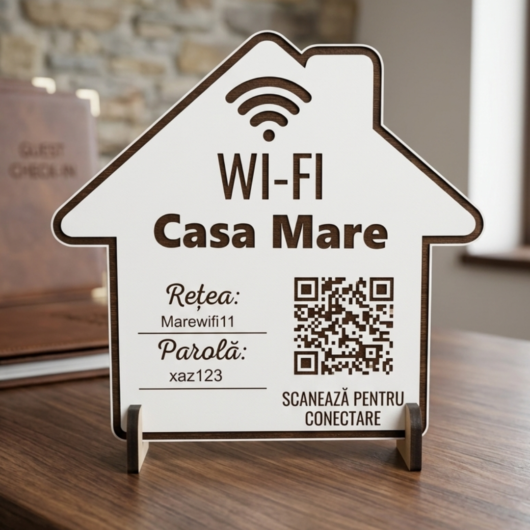 Placă Wi-Fi Personalizată cu Nume Rețea, Parolă și Cod QR